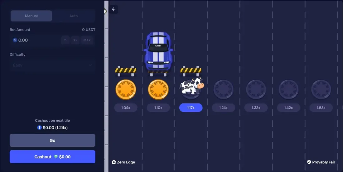 Duel Beef road-crossing game on Easy difficulty with a Duel race car and the cow advancing past lanes paying 1.04x, 1.10x and 1.17x