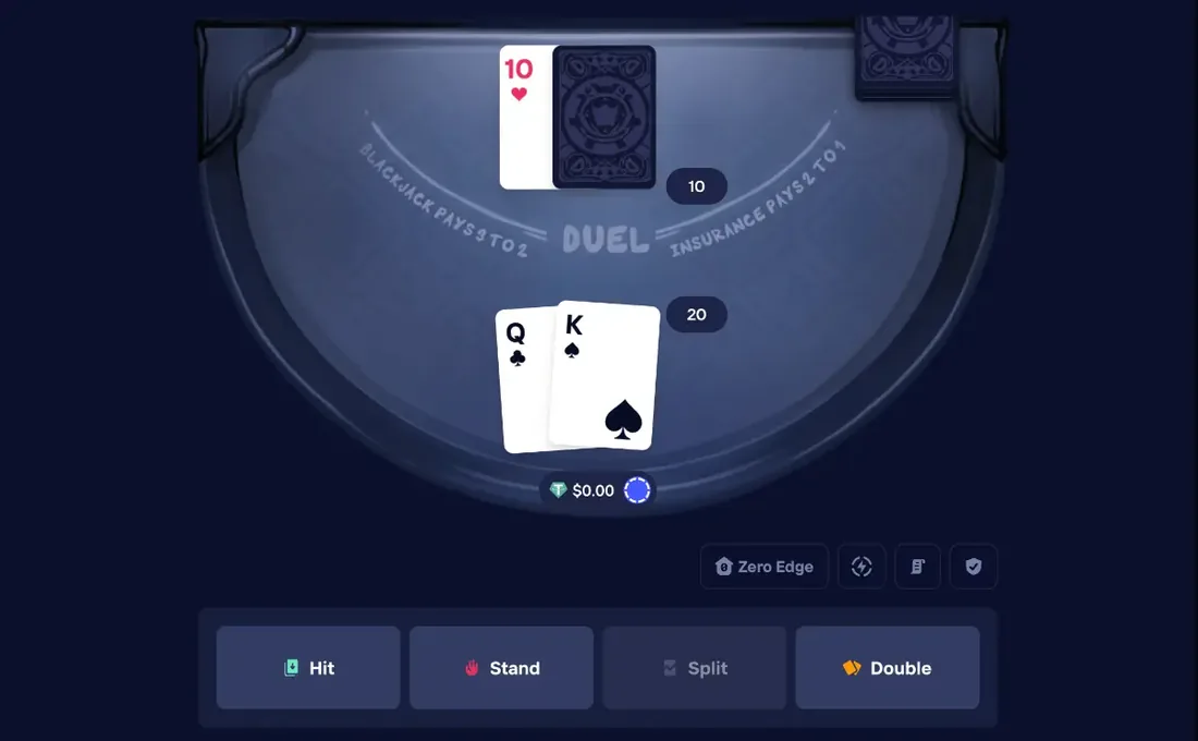 Duel Blackjack hand in play with a player total of 20 from Queen and King against a dealer showing 10, plus Hit, Stand, Split and Double buttons
