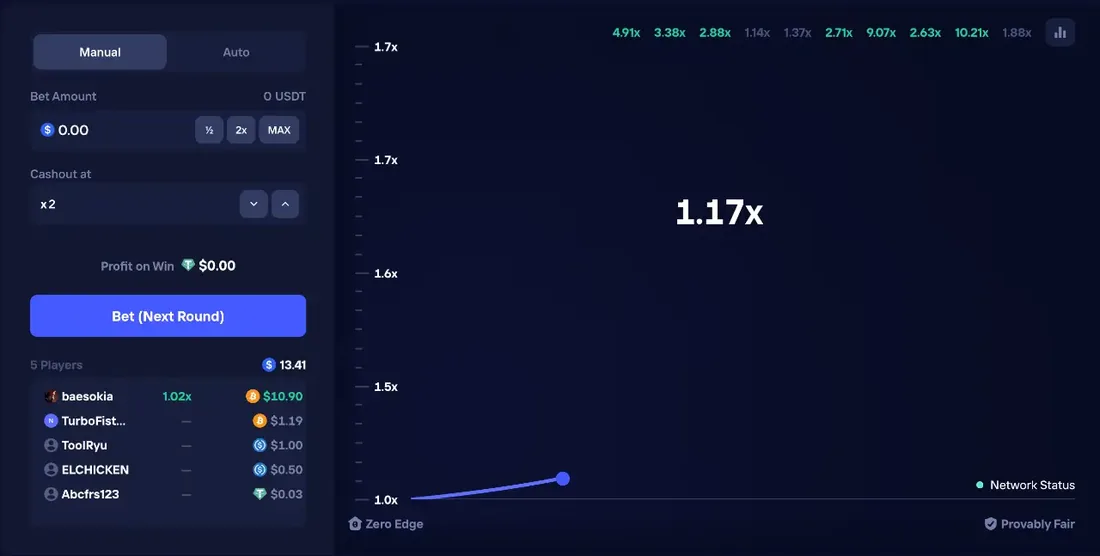 Duel Crash multiplier graph rising to 1.17x with a live list of five players and their cashout amounts