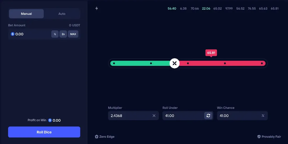 Duel Dice gameplay on duel.com showing the red and green roll-under slider set to 41.00 with a 2.4368x multiplier and 41% win chance