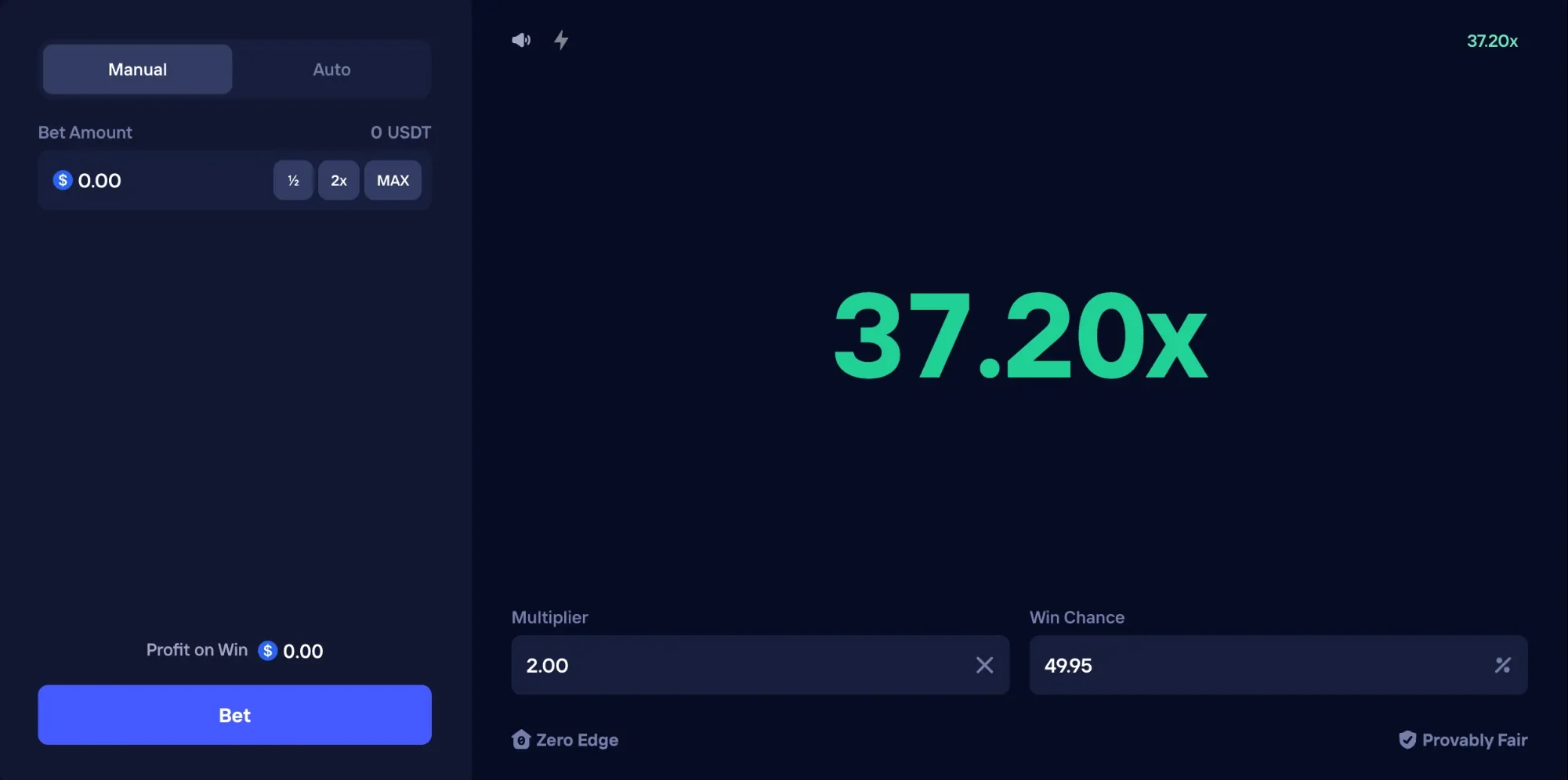 Duel Limbo table in Manual mode: 2.00x target, 49.95% win chance, 37.20x last roll, USDT bet, Zero Edge and Provably Fair badges