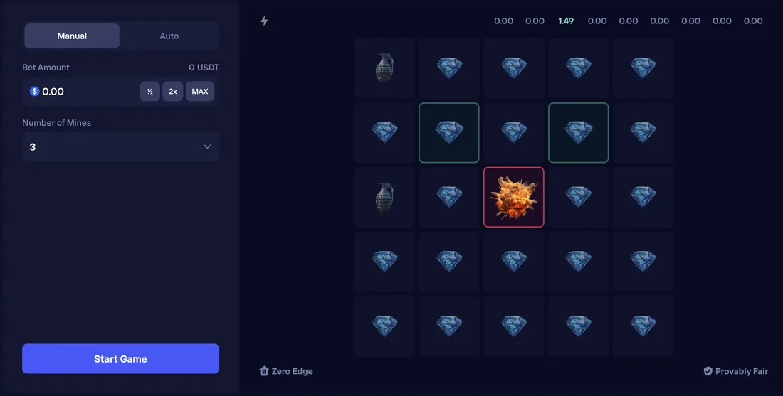Duel Mines 5x5 grid set to 3 mines, showing revealed blue diamonds, two highlighted safe tiles and a detonated grenade