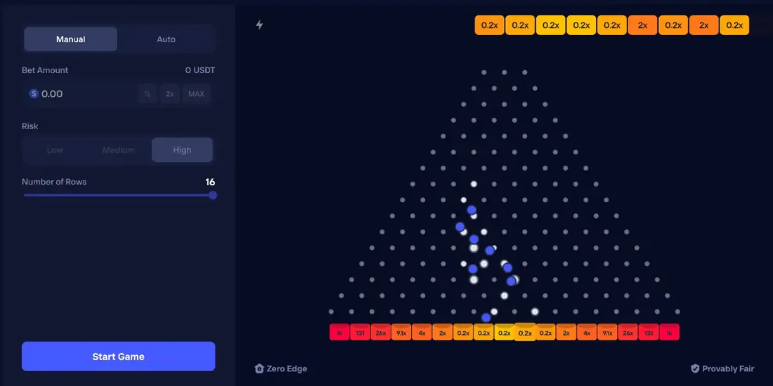 Duel Plinko on high risk with a 16-row pin pyramid and balls falling toward the 0.2x and 2x multiplier pockets