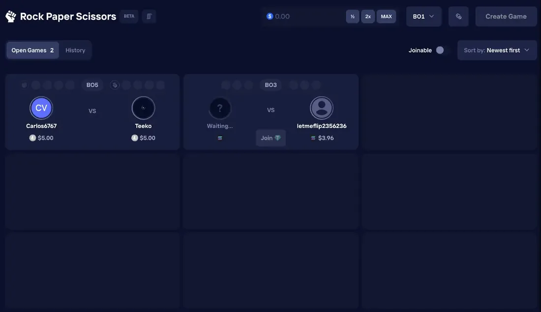 Duel Rock Paper Scissors lobby listing two open player-versus-player games, a BO5 between Carlos6767 and Teeko and a joinable BO3