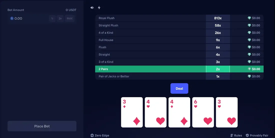 Duel Video Poker hand of 3, 4, 4, 6, 3 forming Two Pairs paying 2x next to the full Royal Flush to Jacks paytable
